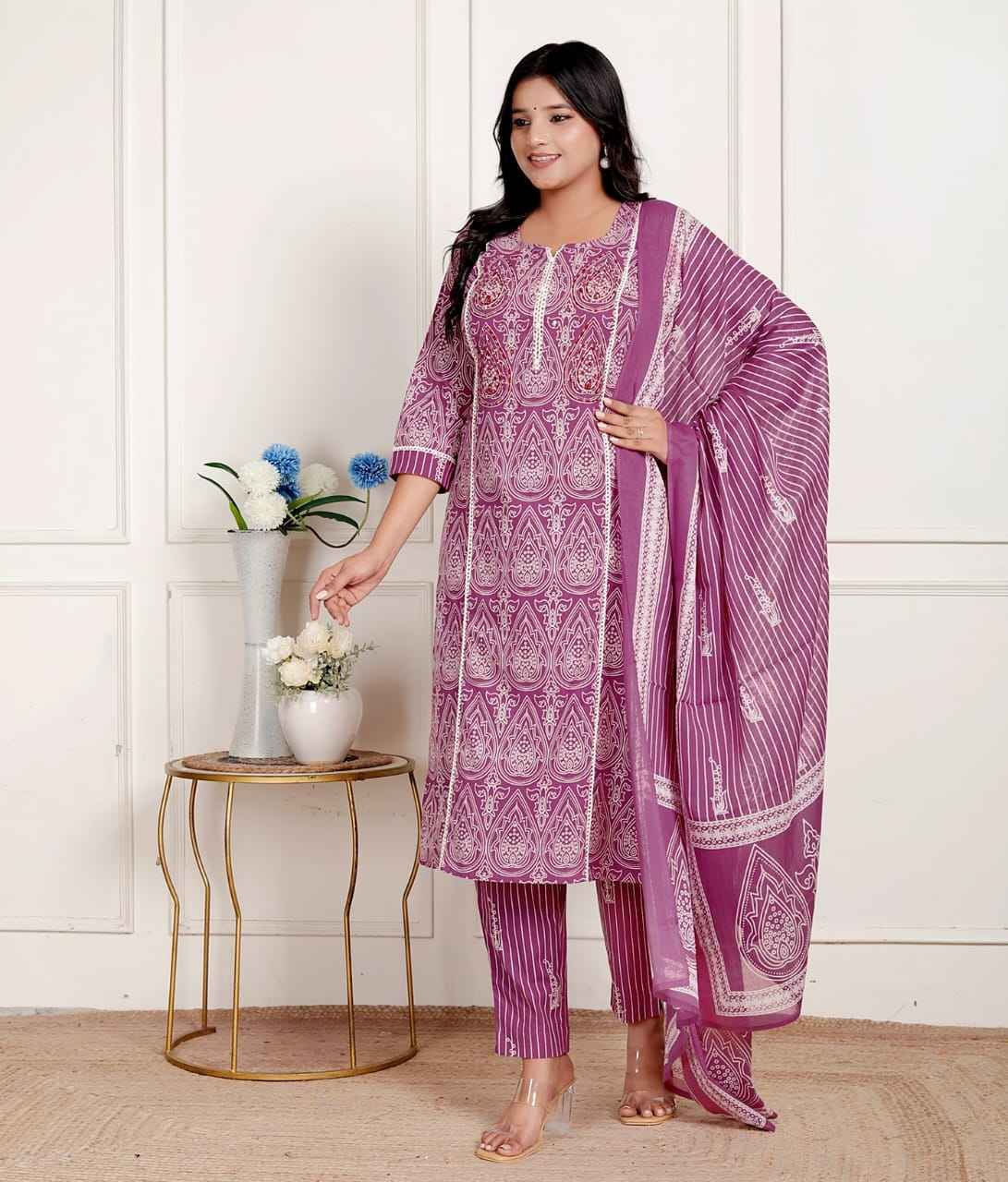 Classic purple-pink   Cotton Kurta Pant with Printed Dupatta